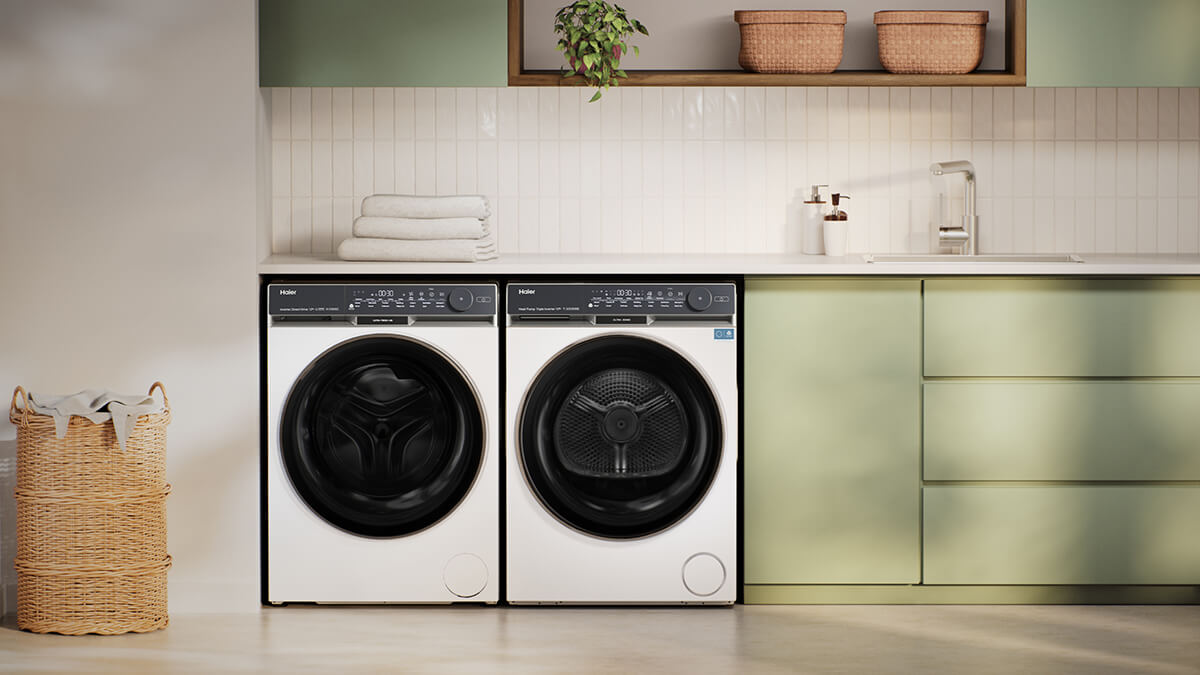 Matching washer and dryer in a laundry room