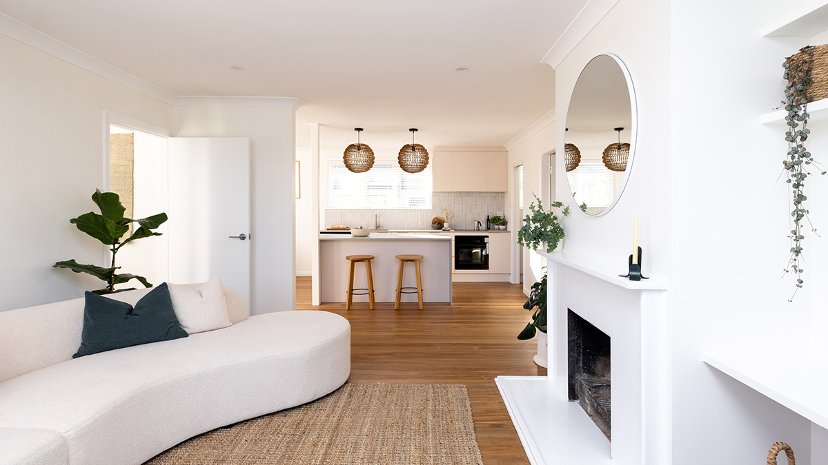 wide view of the living room looking towards the kitchen