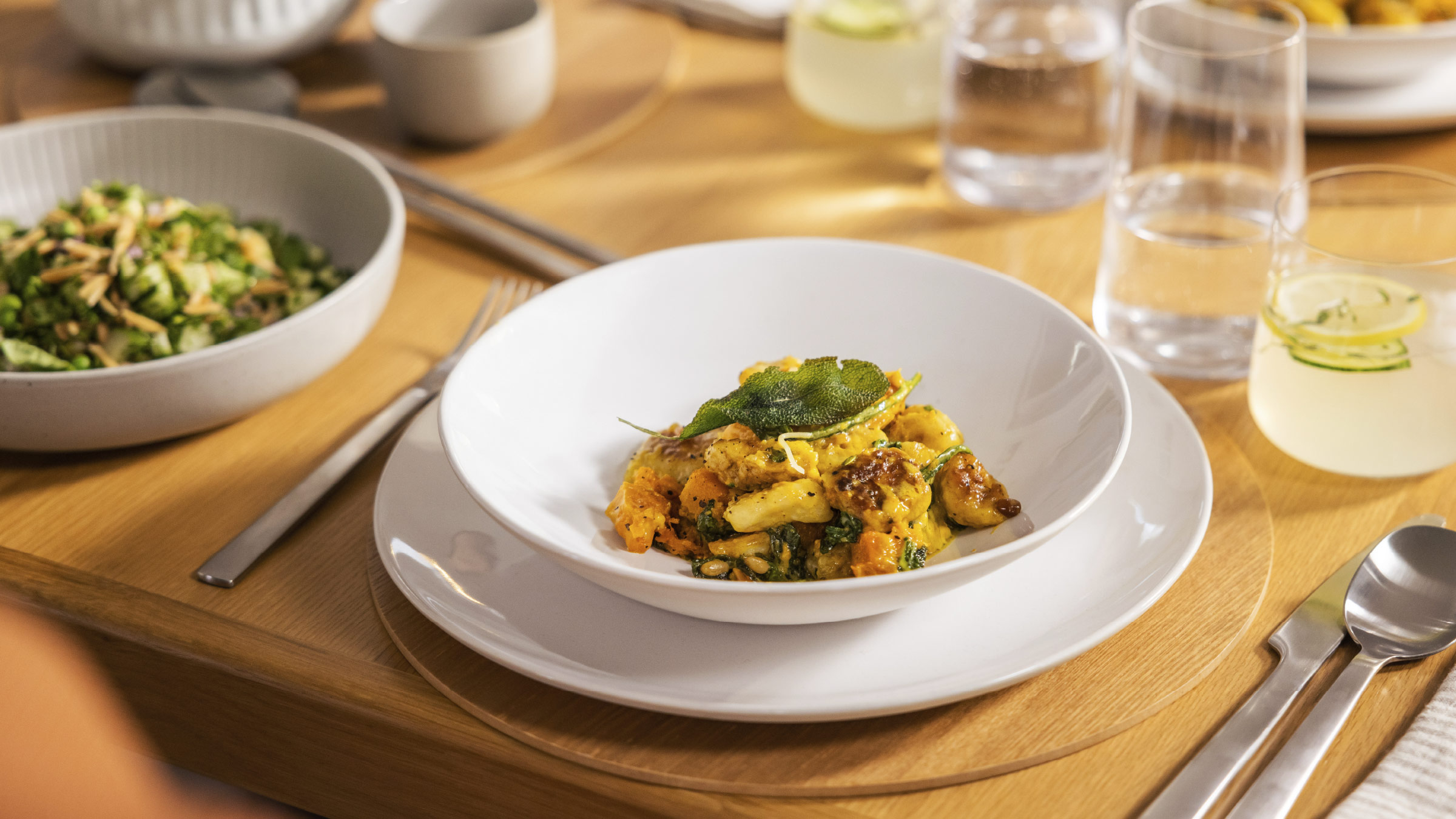 Close up of meals on a dining table.