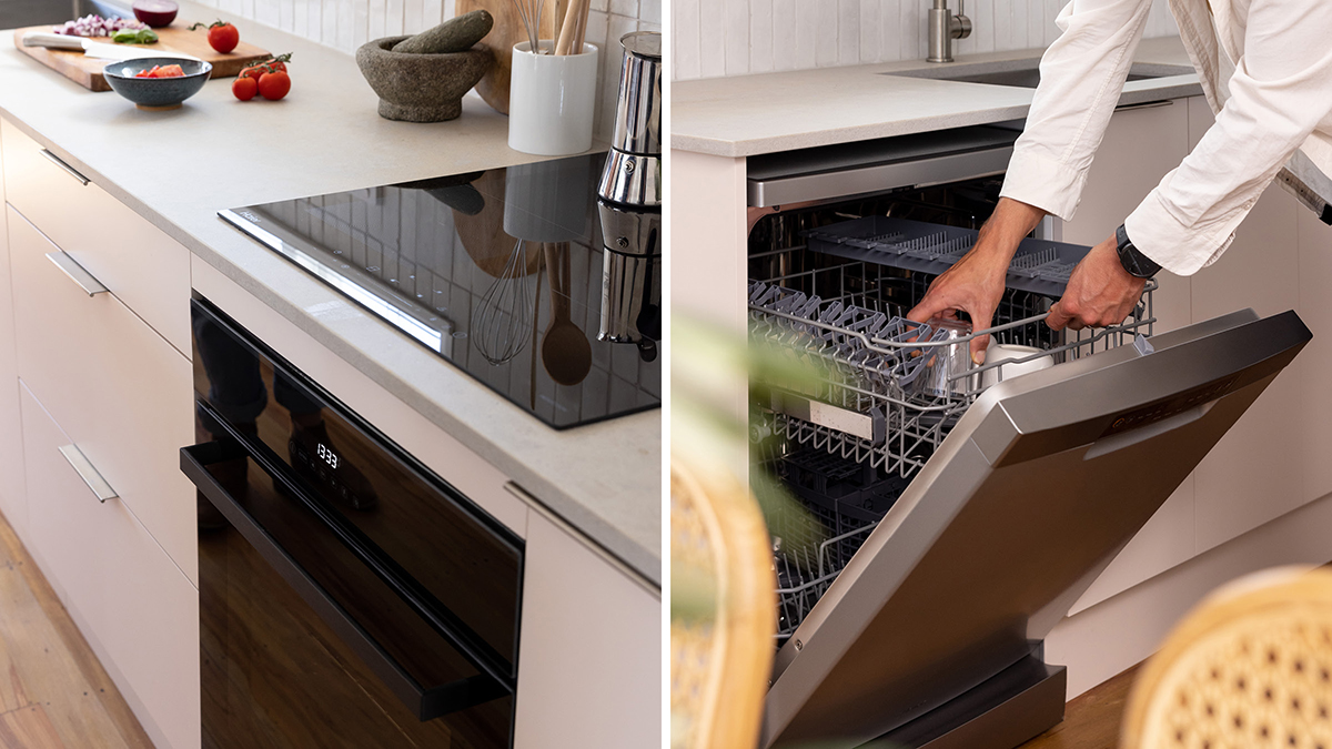 close up of the oven and cooktop, and drop door dishwasher