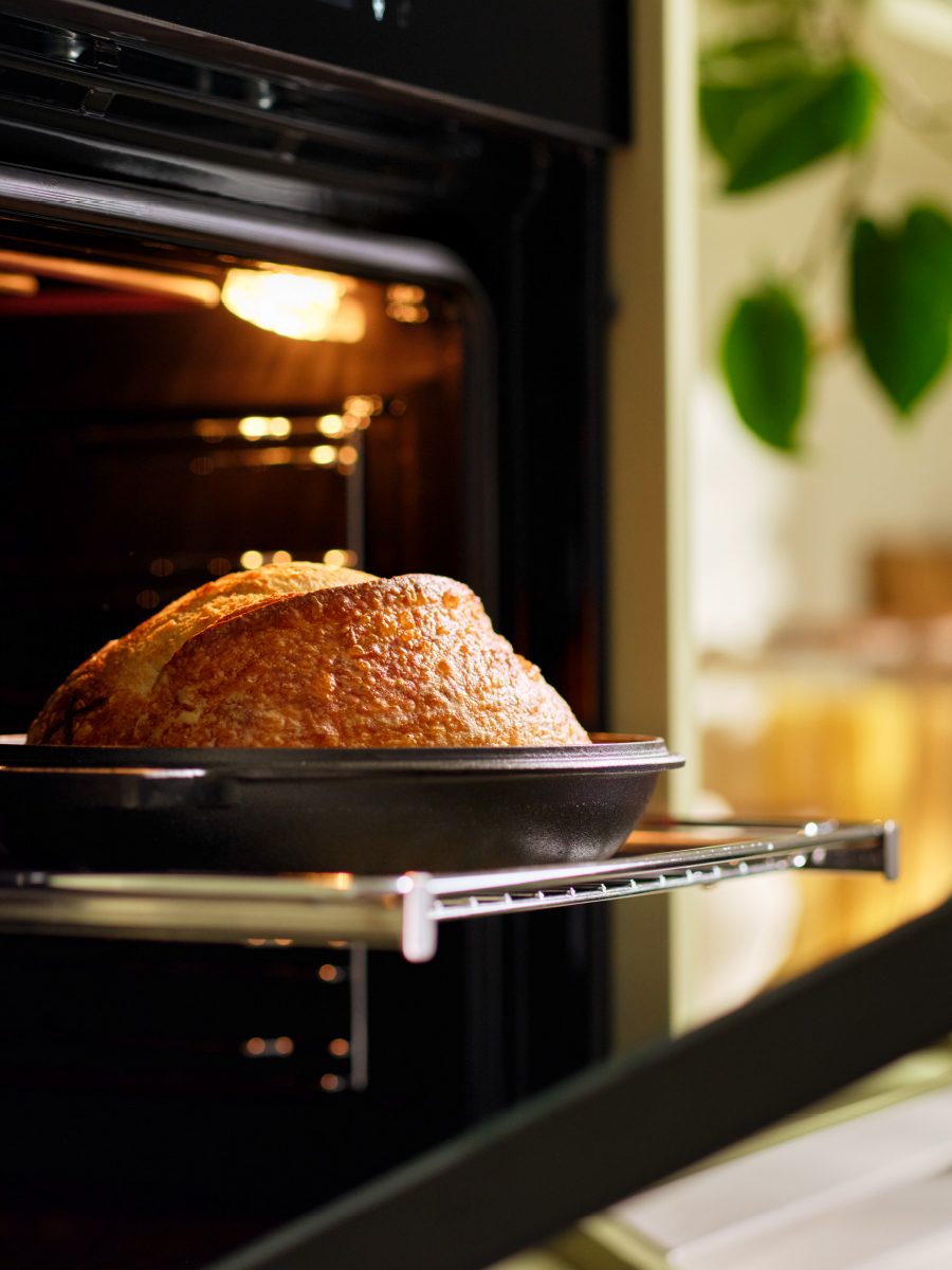 Bread freshly cooked on an oven shelf