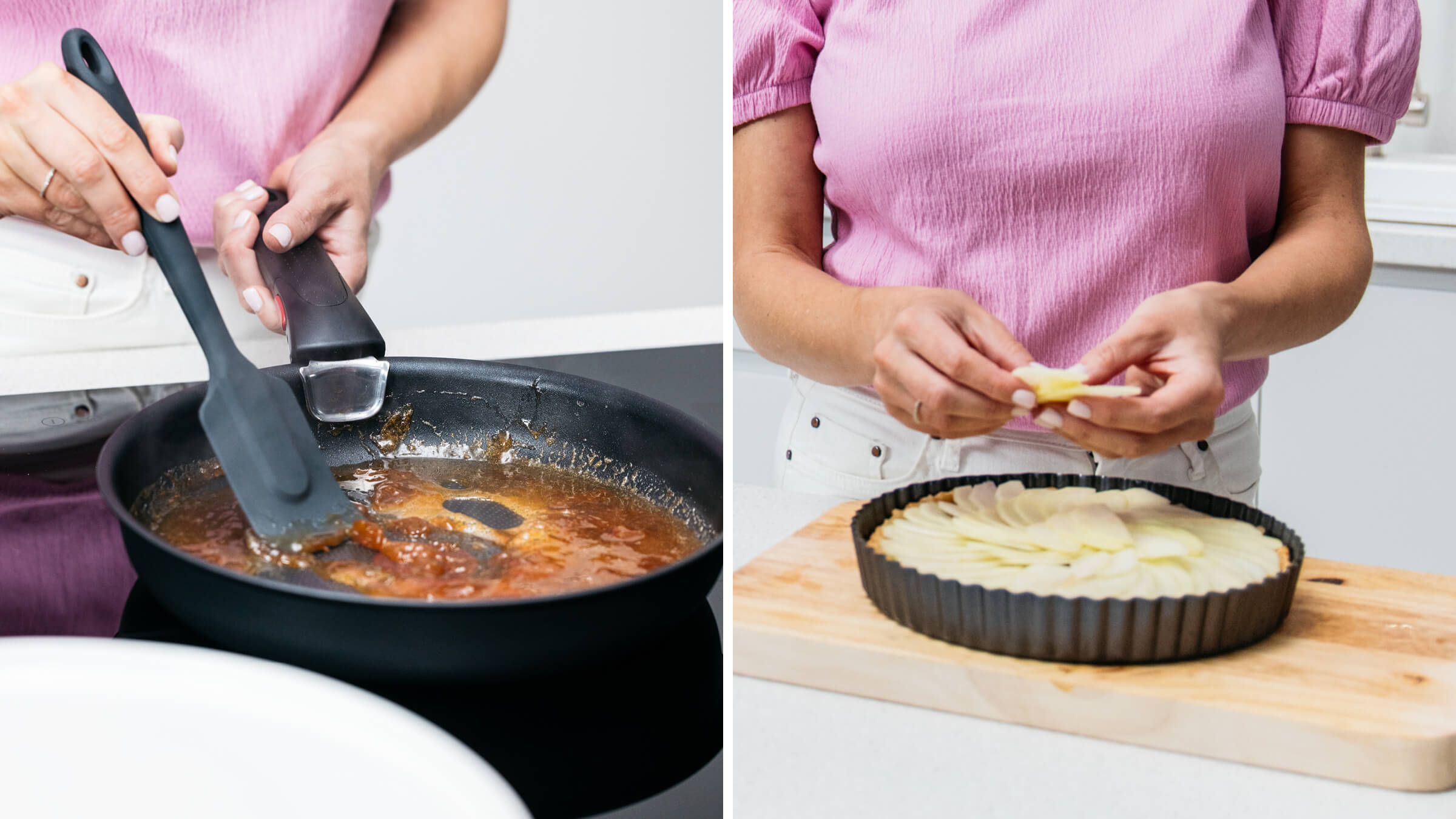 demonstrating the compote being made and preparing the apples in a tart shell